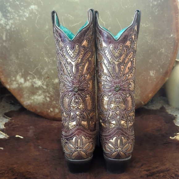 CORRAL E1594 distressed brown leather snip toe cowgirl boots metallic inlay sz 8 - Picture 9 of 16
